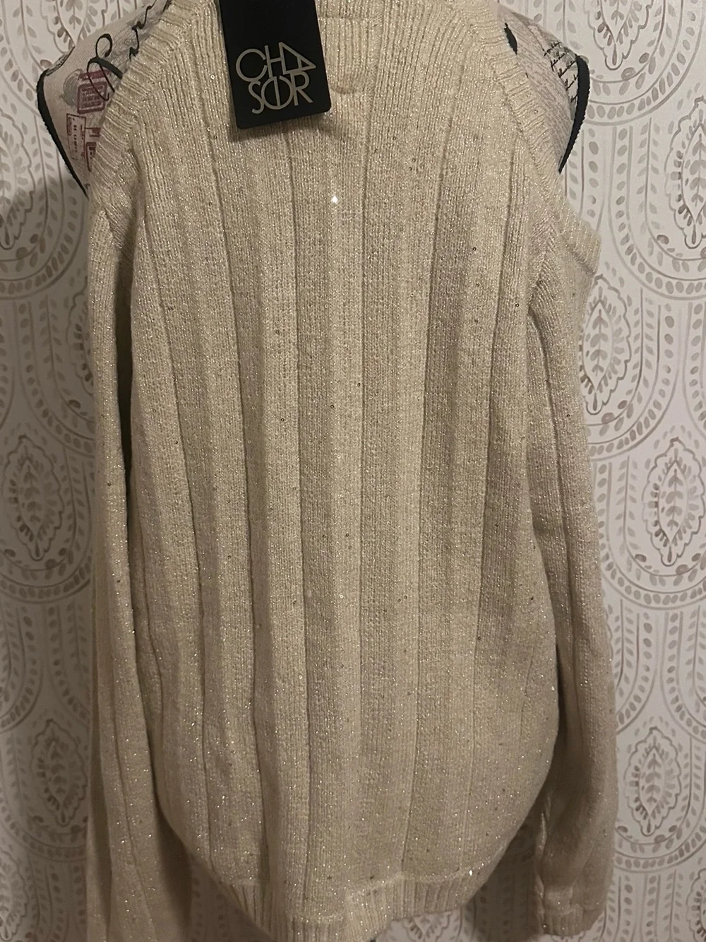 Chaser Metallic Cream Ribbed Crewneck Sweater